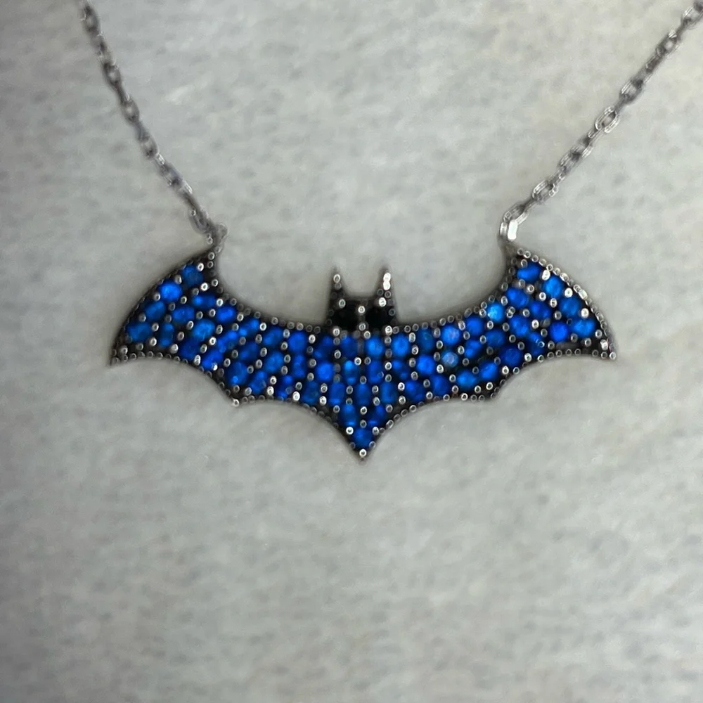 Halloween Deep Blue Sapphire & Sterling Bat Adjustable Necklace with Onyx Eyes - Picture 6 of 8